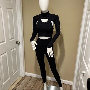 Three Piece Gym Set Sport Bustier Sport Bra Compression Leggings Mock Neck High